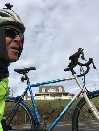 Mike ready for riding on his custom Rodriguez bicycle